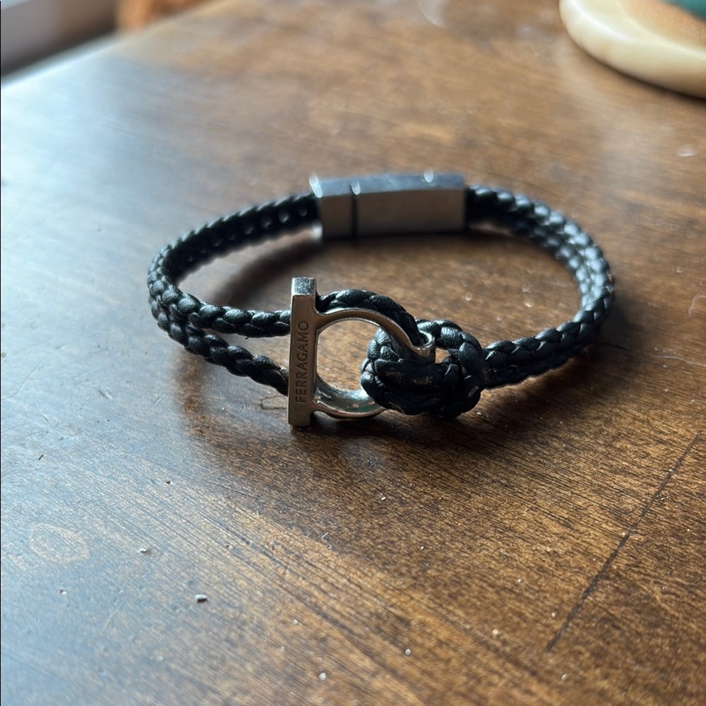 Ferragamo Black Braided Leather Bracelet